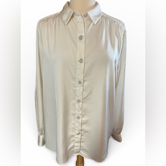 Express Tops - Express Cream Satin Look & Feel Button-Down Shirt w/Rhinestone buttons XL TL